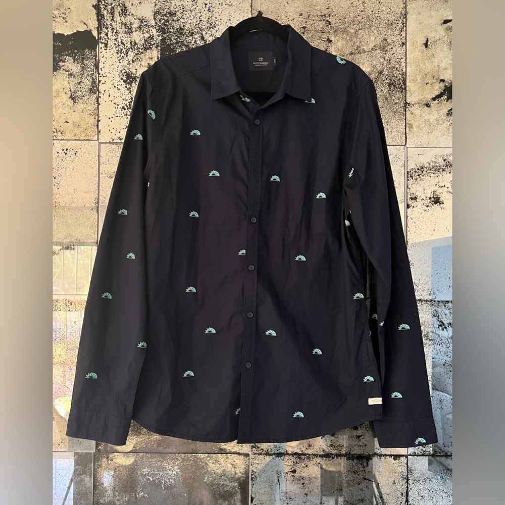 Scotch & Soda Mens Long Sleeve Graphic Prints Slim Fit Shirt Navy, Size: Large